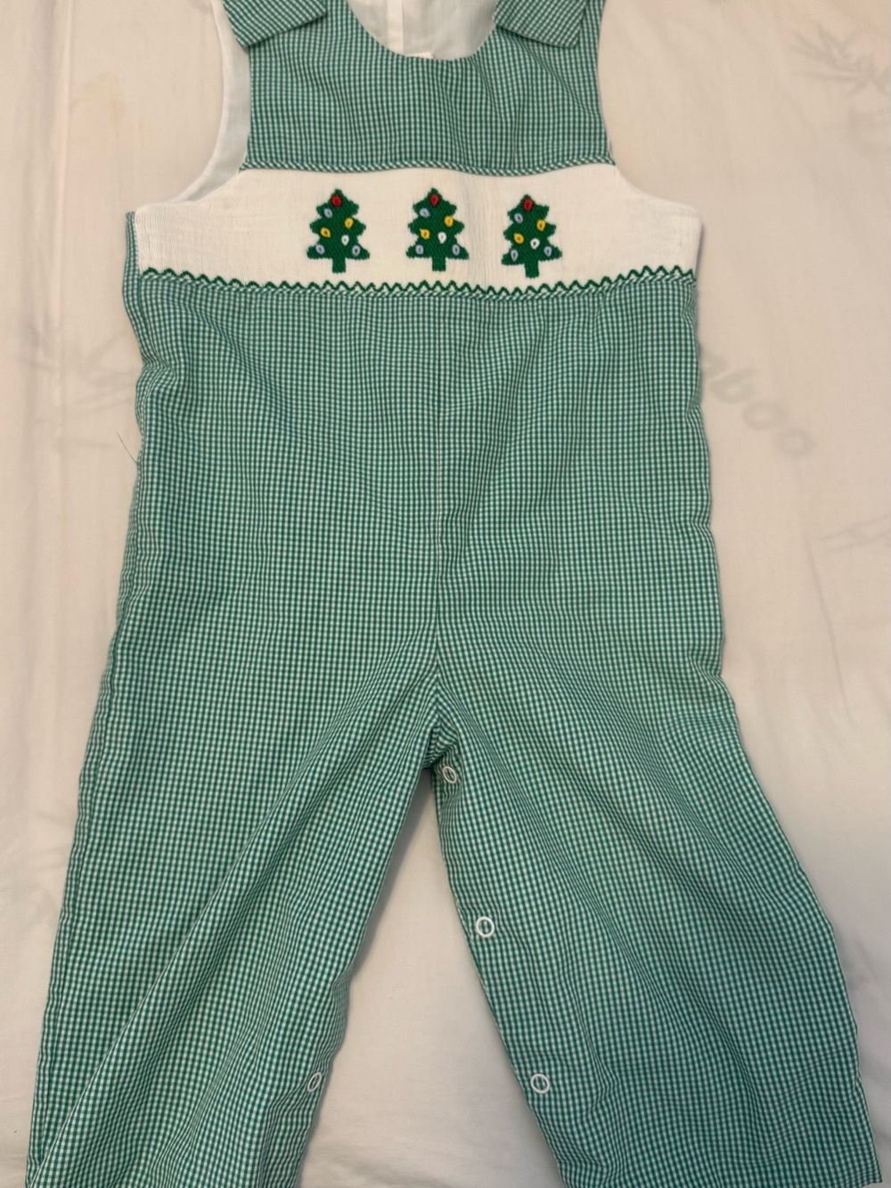 Green Gingham Christmas Tree Smocked Kids Overalls